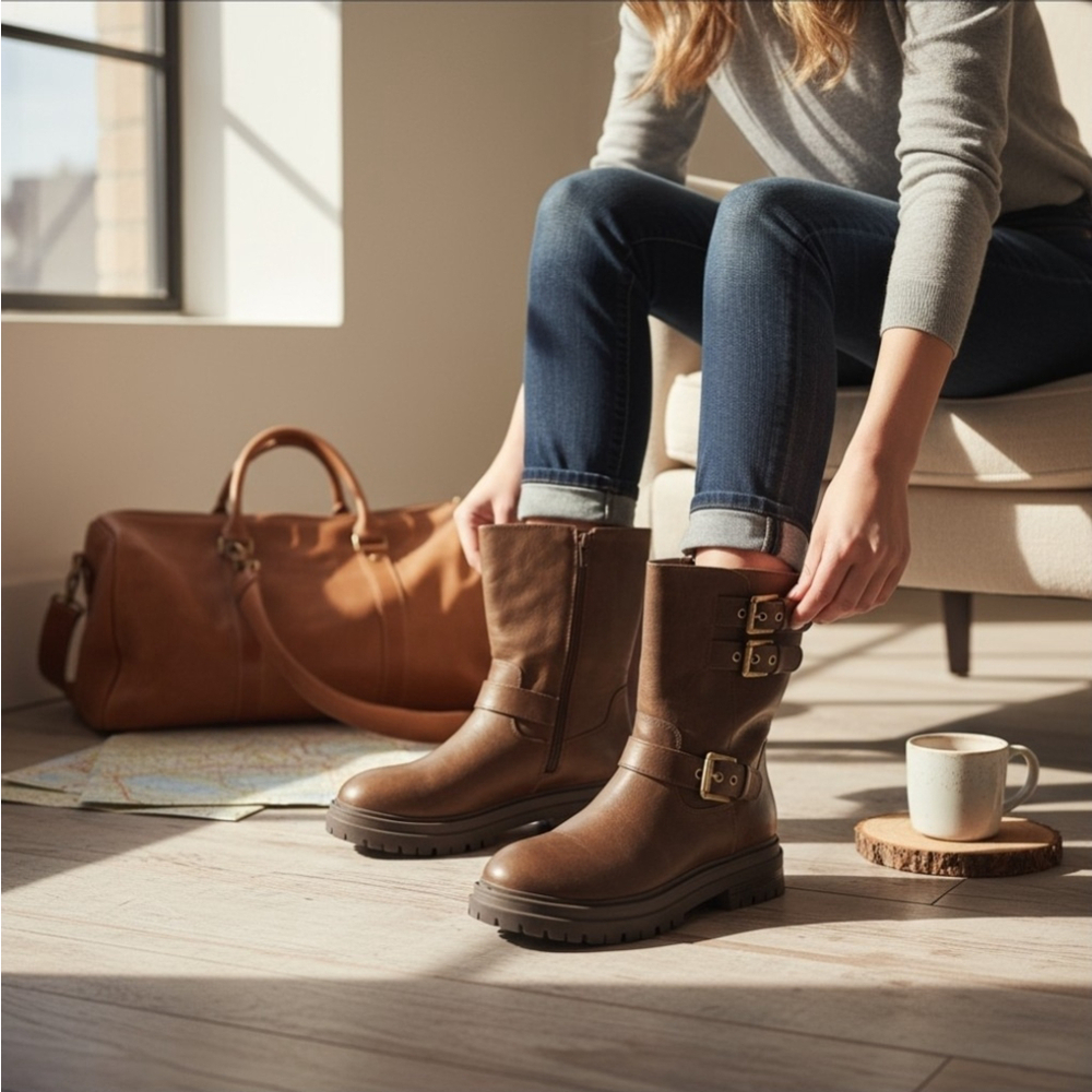 Sun + Stone Onnyx Lug Biker Moto Zip On Buckle Boots Booties 7 M Chocolate Brown - Picture 12 of 13